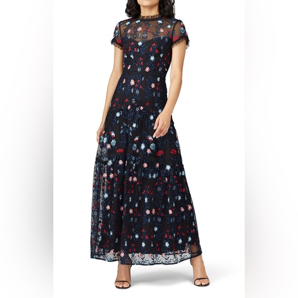 Monique Lhuillier Dark Floral Embroidered Gown